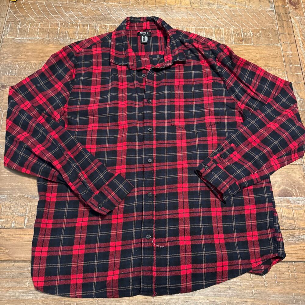 Forever 21 Men's XXL Red Black Plaid 100% Cotton Long Sleeve Button Up Shirt